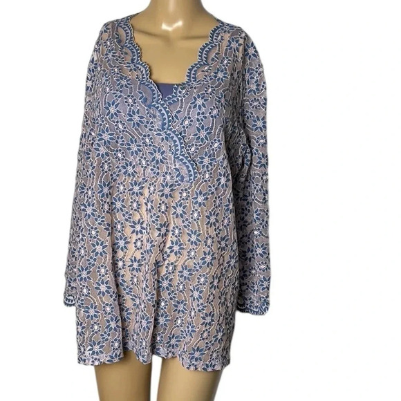 Suzanne Betro top, beach cover, 2X see thru lace top,floral,bell,scalloped hem - Picture 1 of 15